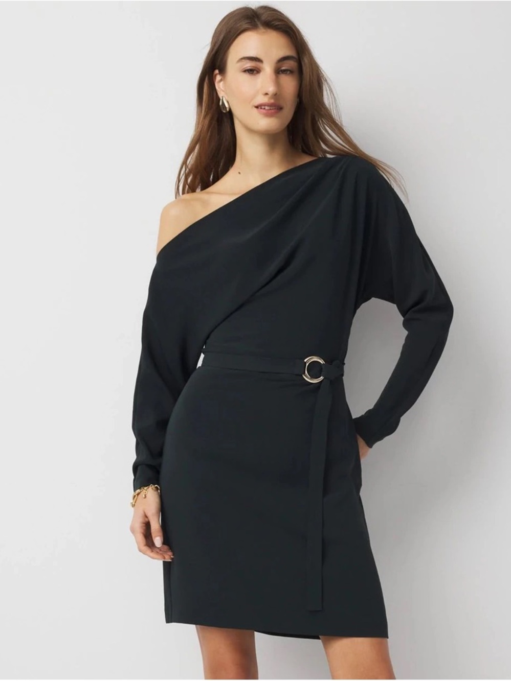 White House Black Market Black Long-Sleeve Belted Dress